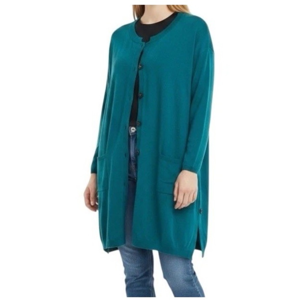 J Jill Long Cardigan Sweater Wool Blend Button Front Pockets Teal Petite Large